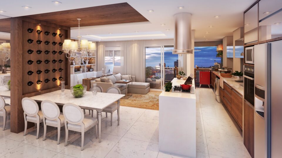 Living amplo e integrado com acabamentos de luxo