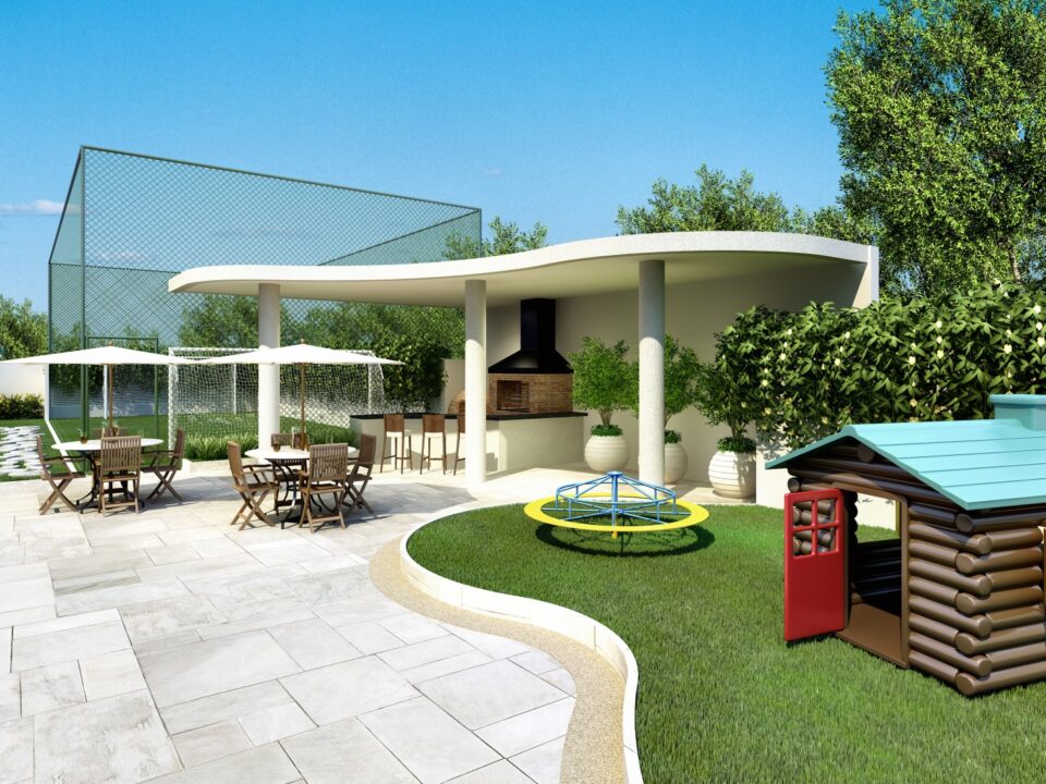 Área de lazer externa completa, com playground e churrasqueira.