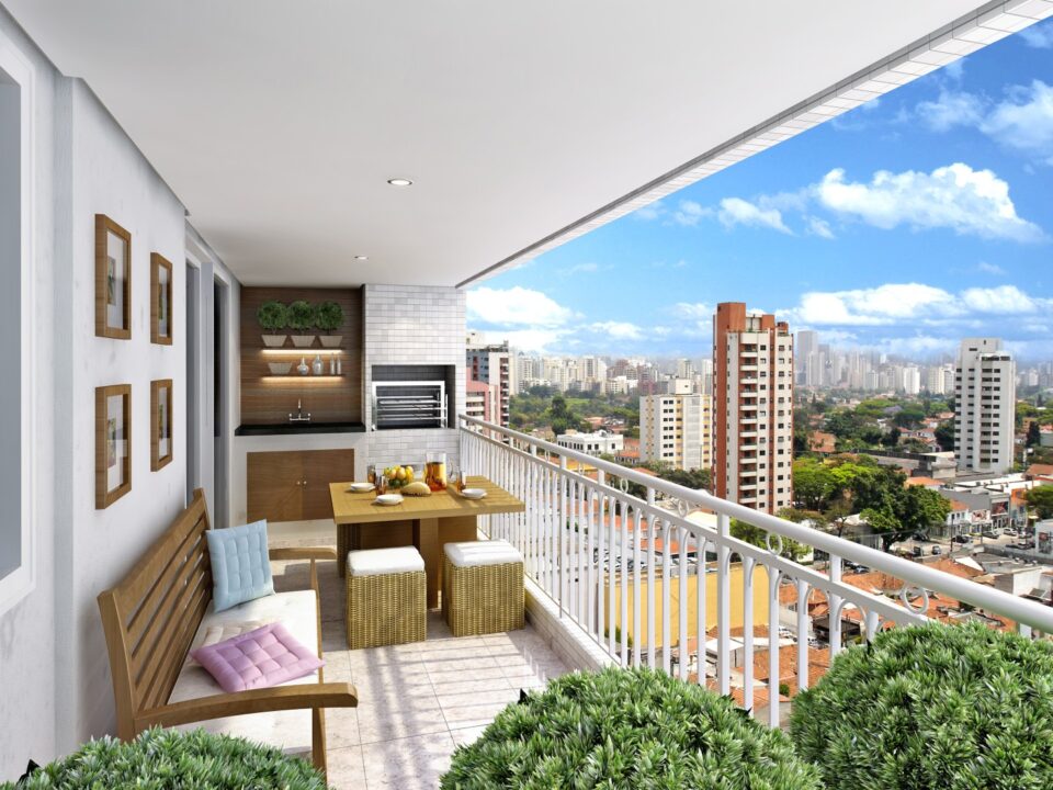 Varanda gourmet espaçosa, com churrasqueira e vista livre.