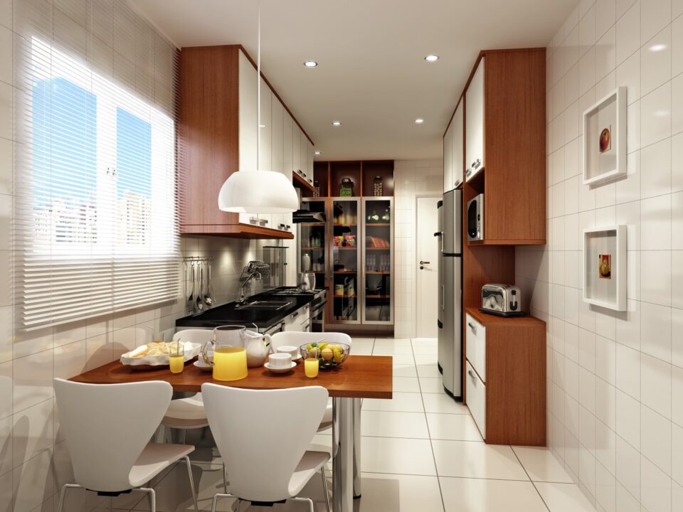 Cozinha compacta e prática, integrada com área de jantar.