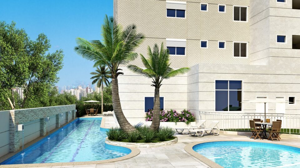 Piscina com raia, deck e paisagismo exuberante.